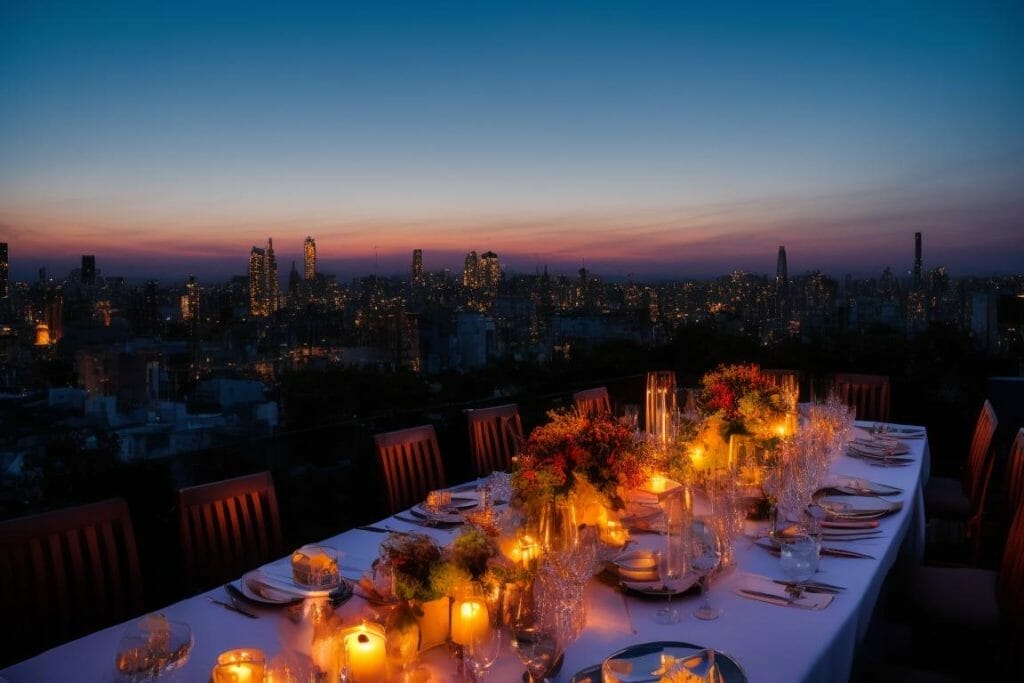 dinner on a rooftop terrace with a view